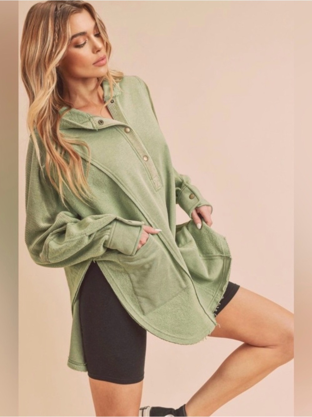 Relaxed Sage Henley Tunic Hoodie